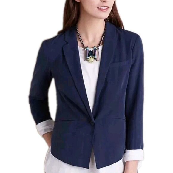 Anthropologie Cartonnier Size 6 Blazer Jacket Navy Blue 1 Button Lyocell Boxy - Picture 1 of 11